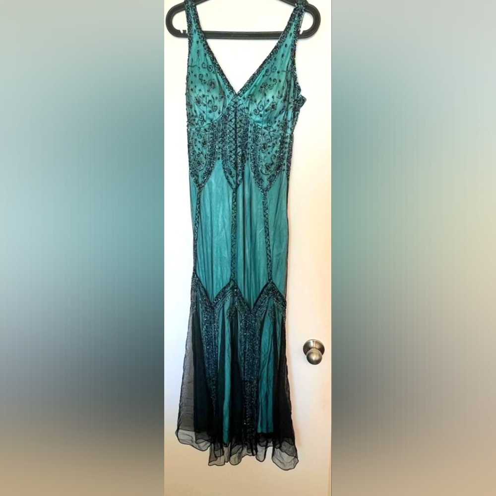 Evening  gown - teal, black overlay, beedee
